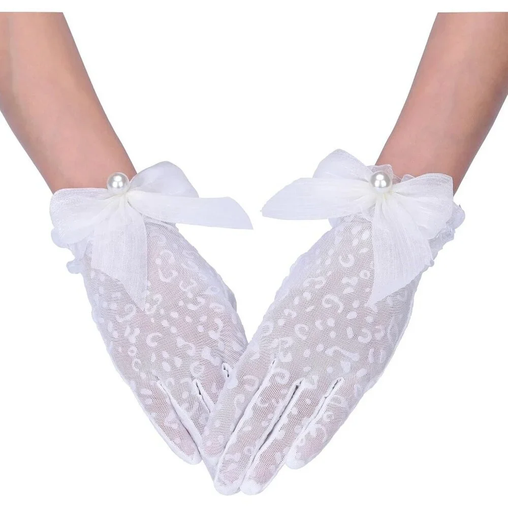 Women's Ivory Short Lace Pearl Bow Gloves Style Wedding Opera Party Prom